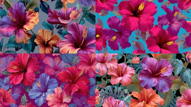 Vibrant seamless hibiscus tropical bloom pattern with bold exotic flowers