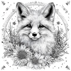 Fototapeta premium Doodle Illustration Features a Fox Portrait Surrounded by Flowers, Stars, and Geometric Patterns in Black Ink on White Paper