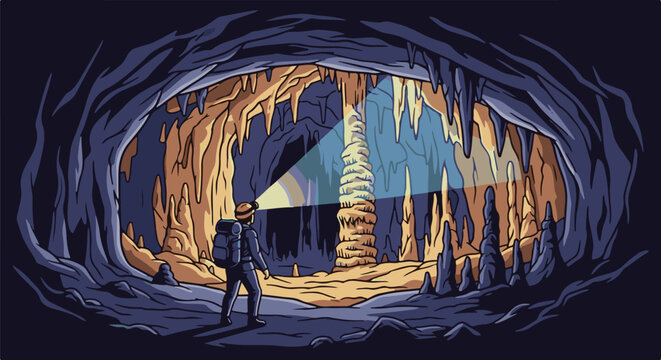 A lone explorer illuminates a colossal stalagmite in a vast, dark cave