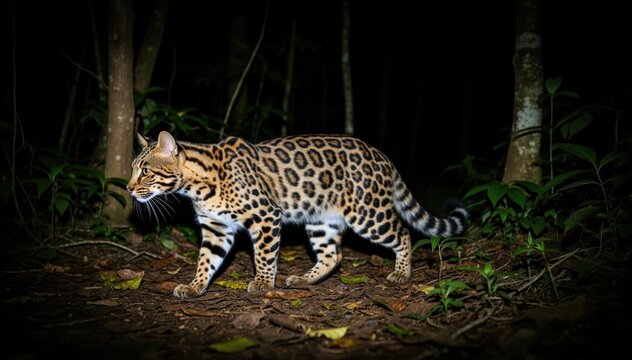 The Jungle's Sentinel: This captivating photograph portrays a Margay in its natural jungle environment, a nocturnal hunter with a distinctive spotted coat and watchful gaze.
