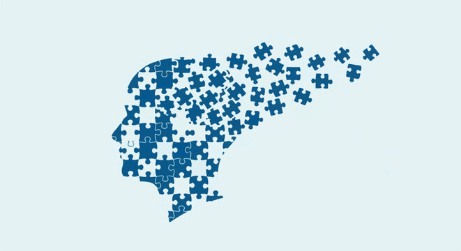A human head profile is formed from scattered dark blue puzzle pieces