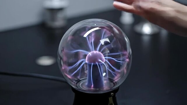A mesmerizing plasma ball with electric currents dancing inside creating a captivating light show perfect for science and technology themes.