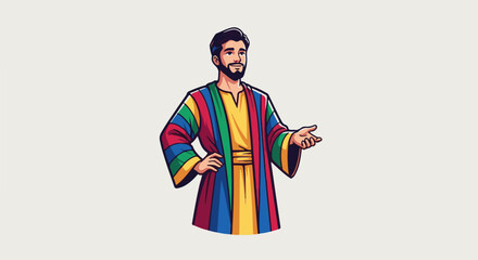 Fototapeta premium A man in a multicolored robe with a yellow undershirt gestures welcomingly