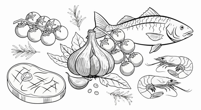 A monochromatic illustration of food items, including steak, fish, shrimp, garlic, and tomatoes