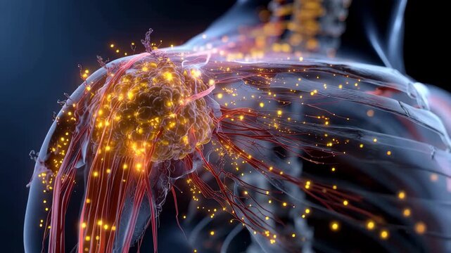 Medical animation showing inflamed right shoulder with details of nerves and tissues in a human body