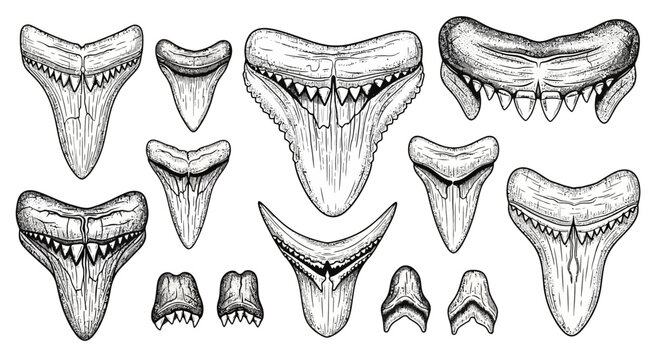 Hand Drawn Collection of Various Fossilized Shark Teeth