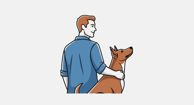 A man with brown hair in a blue shirt embraces a brown dog