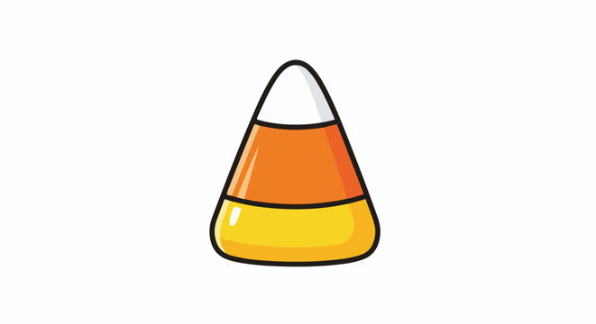 A cartoon candy corn with white, orange, and yellow layers on a white background