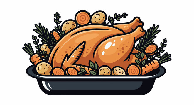 A golden roasted chicken rests in a dark pan with potatoes, carrots, and herbs