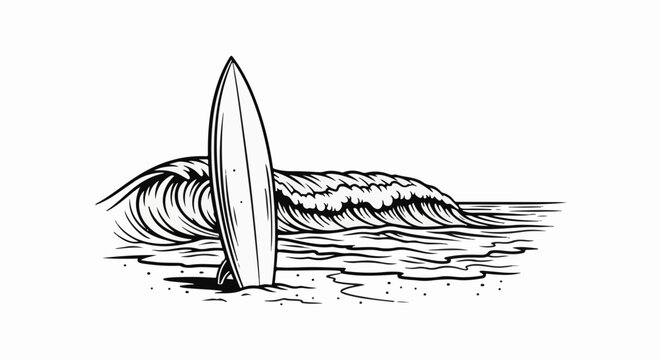 A graphic illustration of a surfboard standing upright on a beach in front of a breaking wave