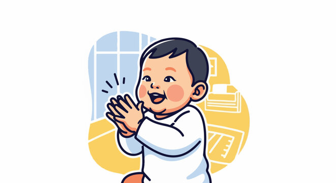 A happy baby claps enthusiastically in a simple, stylized room