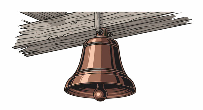A copper bell hangs from weathered wooden beams