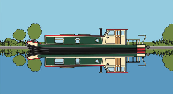 A narrowboat with its reflection on the still water of a canal
