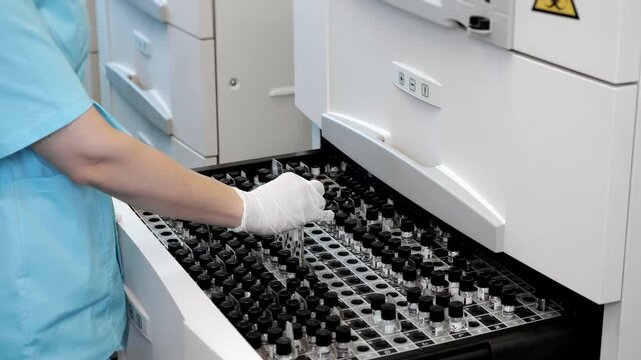 Lab technician scanning and loading biological samples into automated diagnostic analyzer during laboratory testing process in clinical environment.