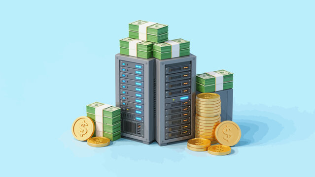 Server towers with stacks of money