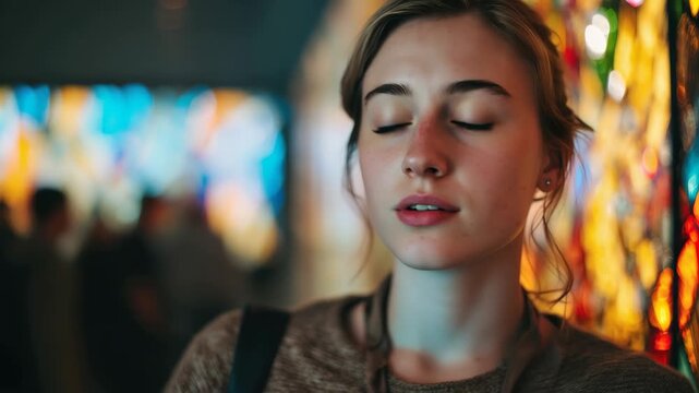 Woman looks impressed while exploring a colorful art installation in a modern building during the daytime with many people in the background