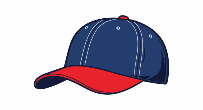 A navy blue baseball cap with a red brim and white stitching