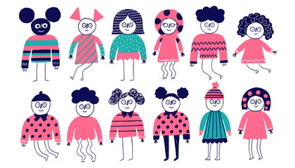 Whimsical Hand-Drawn Character Avatars Set in Naive Folk Art Style, Colorful Minimalist People Illustrations