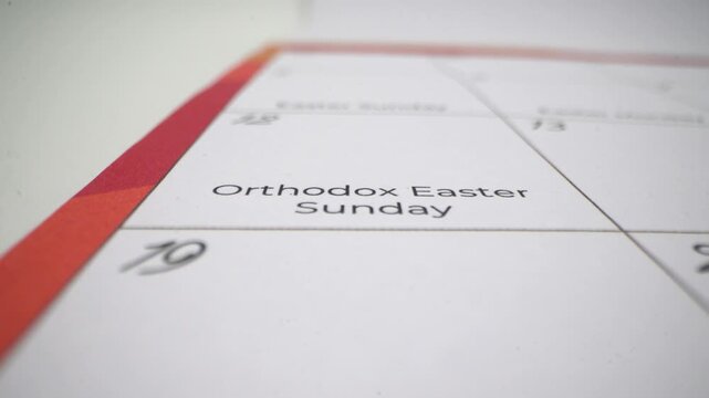 Close up of calendar showing Orthodox Easter Sunday.