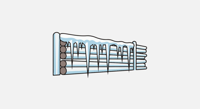 A cartoon fence made of logs with icicles hanging from snow