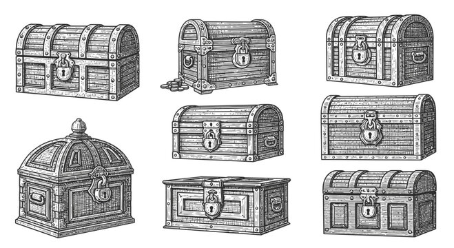 Set of Vintage Wooden Treasure Chests Hand Drawn Illustration