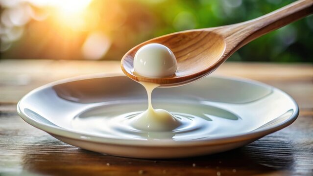 A photo of a single droplet of milk hanging from the edge of a wooden spoon The droplet is perfectly spherical and glistening with a milky white colo