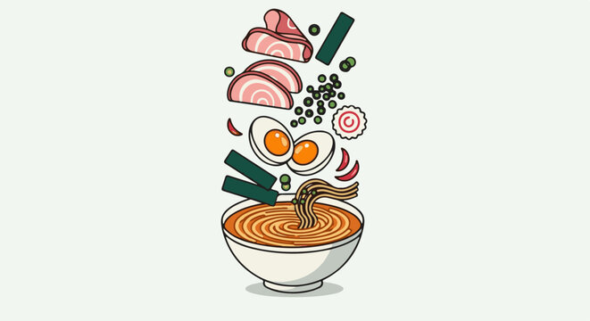 A delicious bowl of ramen noodles with assorted toppings artfully arranged
