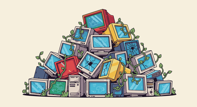 A pile of obsolete computers overgrown with green vines