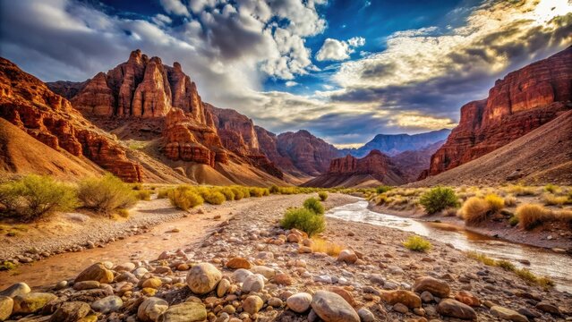A photo of a dry riverbed leading to red rock mountains