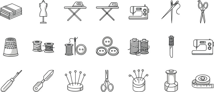 Sewing equipment icons including fabric mannequin ironing board sewing machine needle thread.