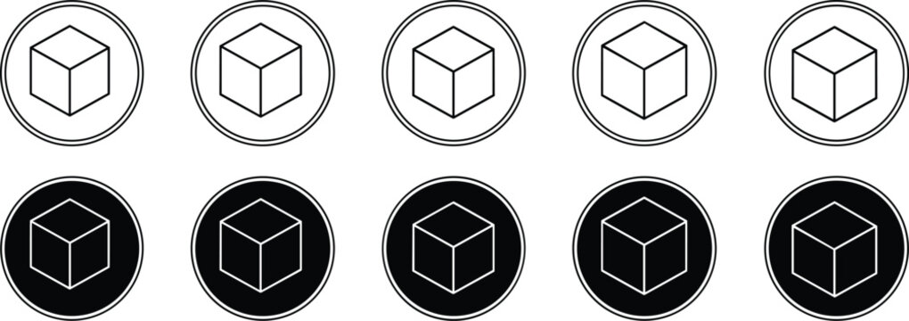 Five isometric cube icons in circles outline and solid black backgrounds for design.