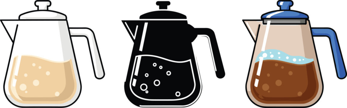 Coffee pot and decanter icons in outline silhouette and flat color with bubbling liquid effect set.