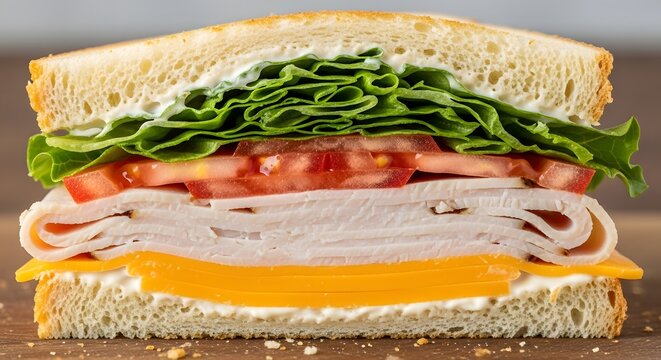 Close-up view of a cut sandwich with layered bread, cheese, turkey, tomato, and lettuce on a rustic brown tabletop, inviting food photography