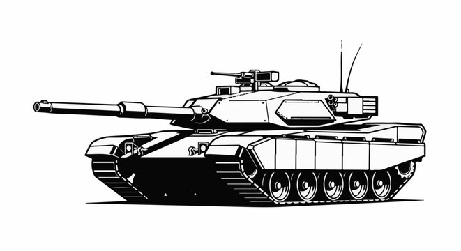 A detailed black and white line drawing of a military combat tank on a white background