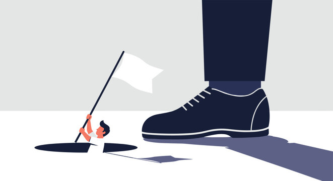 Tiny man in a hole waving white flag of surrender while being stepped on by giant corporate business shoe.