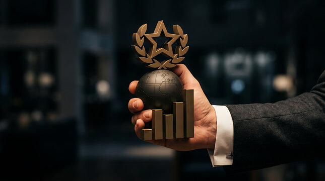 Business executive holding golden trophy featuring globe bar graph and star laurel wreath representing global success and excellence in financial performance.
