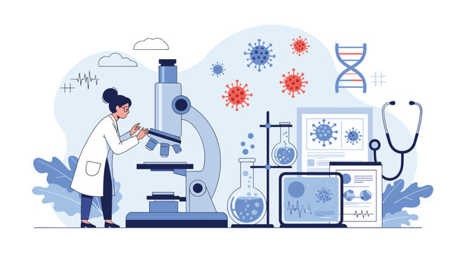 Female scientist in lab coat using microscope to study viruses and DNA structures for medical breakthrough.