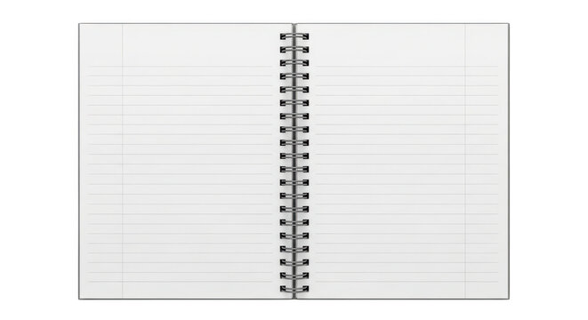 An open spiral bound notebook with white lined pages displayed from a top down perspective view isolated on transparent background,png