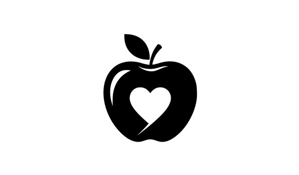 Creative black apple silhouette with heart negative space minimalist vector icon for wellness nutrition branding