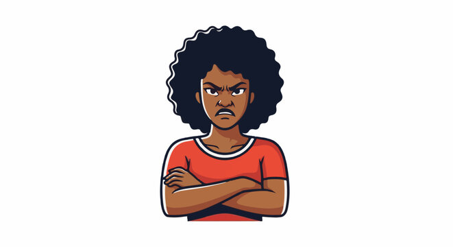 A cartoon of a woman with dark curly hair, arms crossed, looking angry