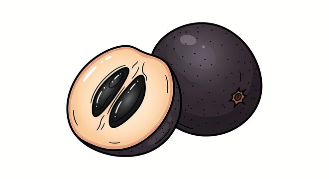 A colorful illustration depicts a black sapote fruit both whole and cut open revealing its dark seeds and flesh high quality professional detailed modern elegant stylish