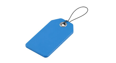 Fototapeta premium A single blue merchandise price tag with a metallic grommet and a black string loop attachment isolated on transparent background,png