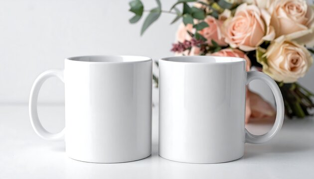 Two White Ceramic Mugs Side by Side with Flowers.
