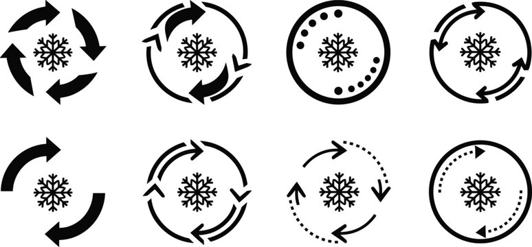 Cooling cycle snowflake symbol with arrows in circle for refrigeration and air conditioning systems.