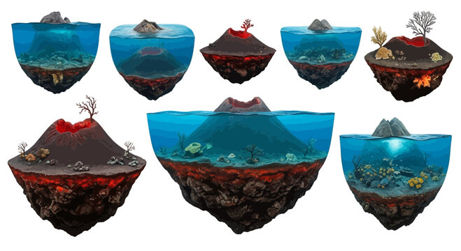 Set of Cross Section Volcanic Islands and Underwater Coral Reefs