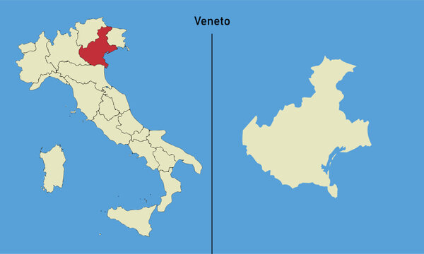 A map of the Veneto region in Italy and location on Italy map. Vector illustration.