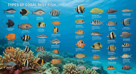 Educational Poster Featuring Various Types of Tropical Coral Reef Fish © infah