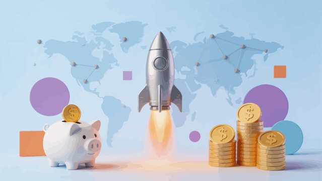 Piggy bank rocket and coins