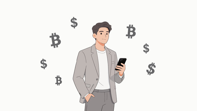 Man with phone surrounded by currency symbols