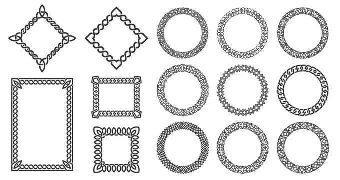 Celtic circles. Circular knotted frames, viking round border knot, decorative framing with ancient Celtic braid knots, medieval tribal ornamental borders. Vector Irish ornate set